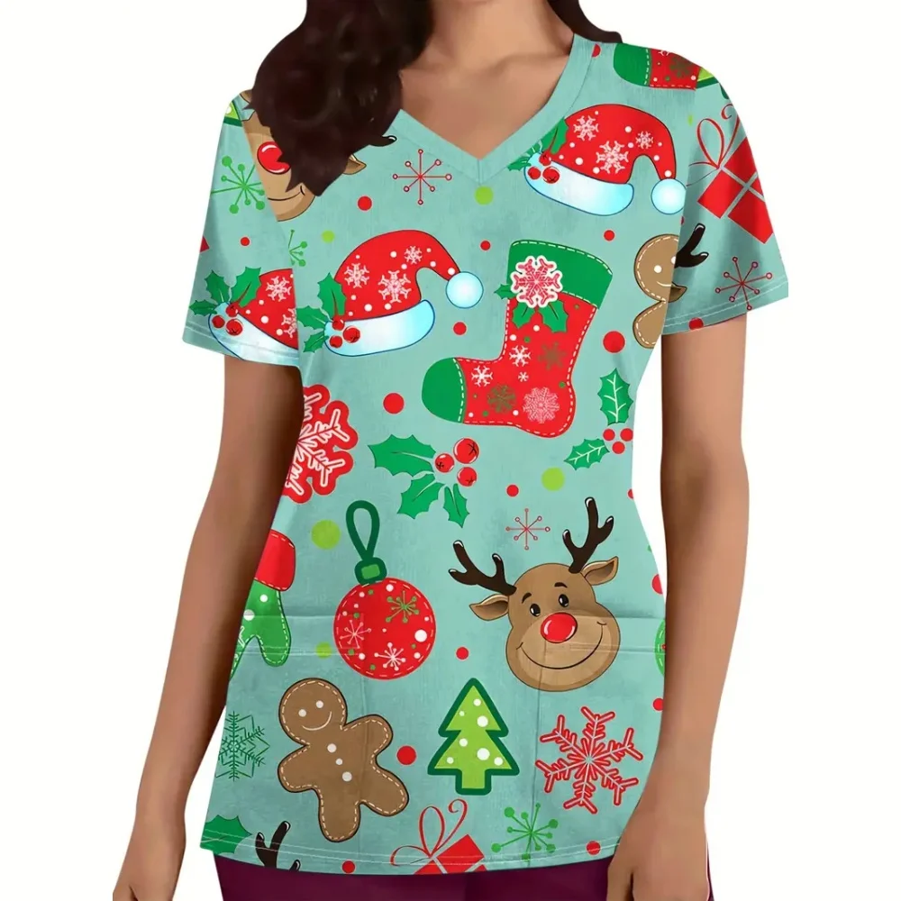 Novos uniformes cirúrgicos de natal mulher veterinária uniforme médico dental microstretch com decote em v manga curta topos uniformes médicos femininos