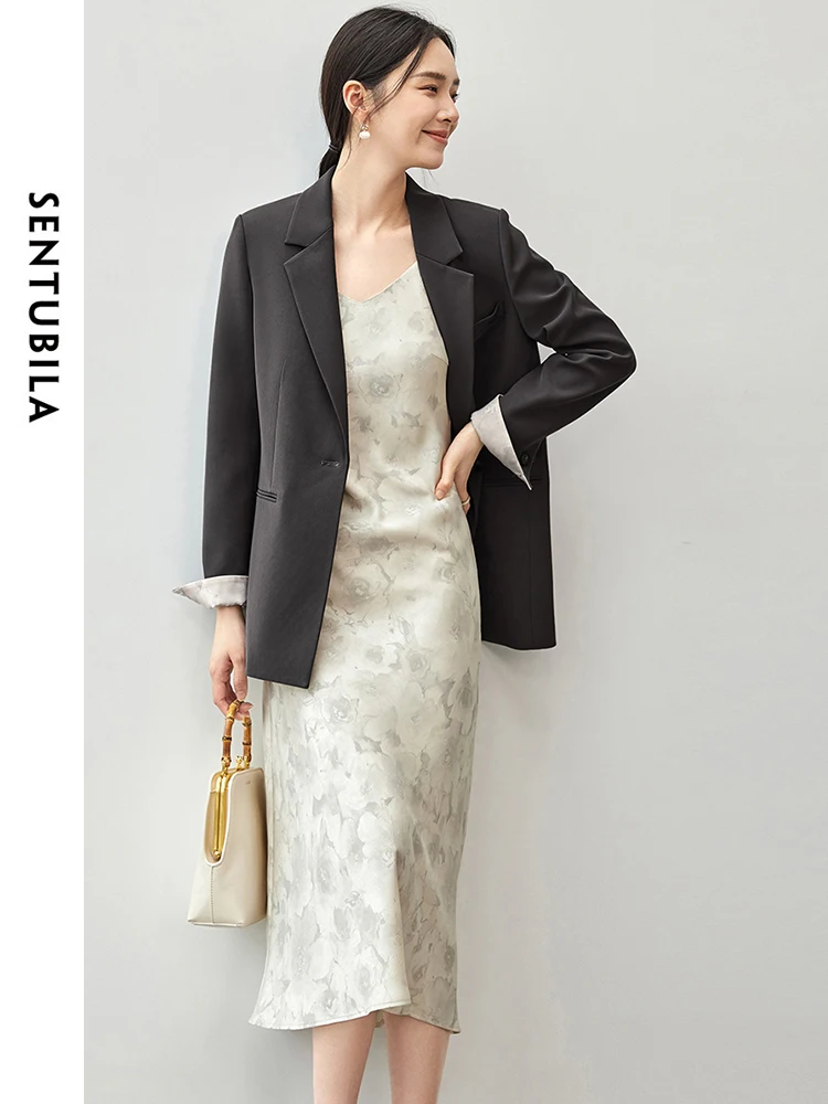 SENTUBILA setelan Blazer dan Dress wanita, pakaian Blazer dan gaun elegan 2 potong, setelan gaun Slip-ON musim gugur 2024, Set 143Z56359