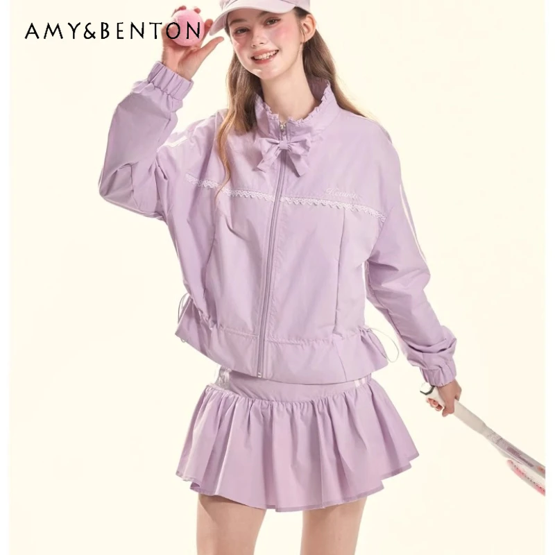 

2026 Spring Autumn New Casual Women's Jackets Original Design Purple Sporty Style Loose Y2k Sweet Cool Short Skirts Sets Ladies
