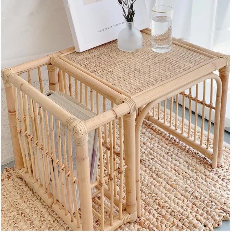 Japanese Rattan Woven Side Table, Simple Coffee Table, Books Bay Window, Balcony Table, Modern Furniture, Simple and Versatile