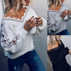 Women Fashion Casual V Neck Fluffy Hollow Out Sleeve Sweater