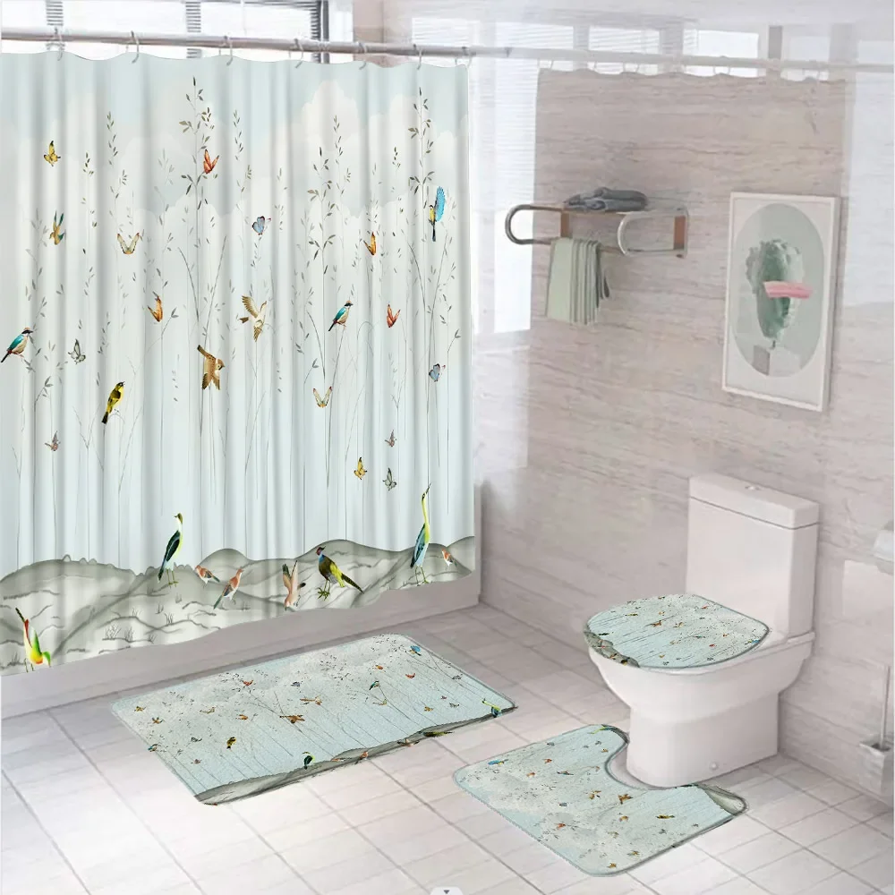 Asian Decor Shower Curtain Sets Watercolor Bird Flowers Blossom Vintage Chinese Ink Painting Bathroom Screen Toilet Rug Bath Mat