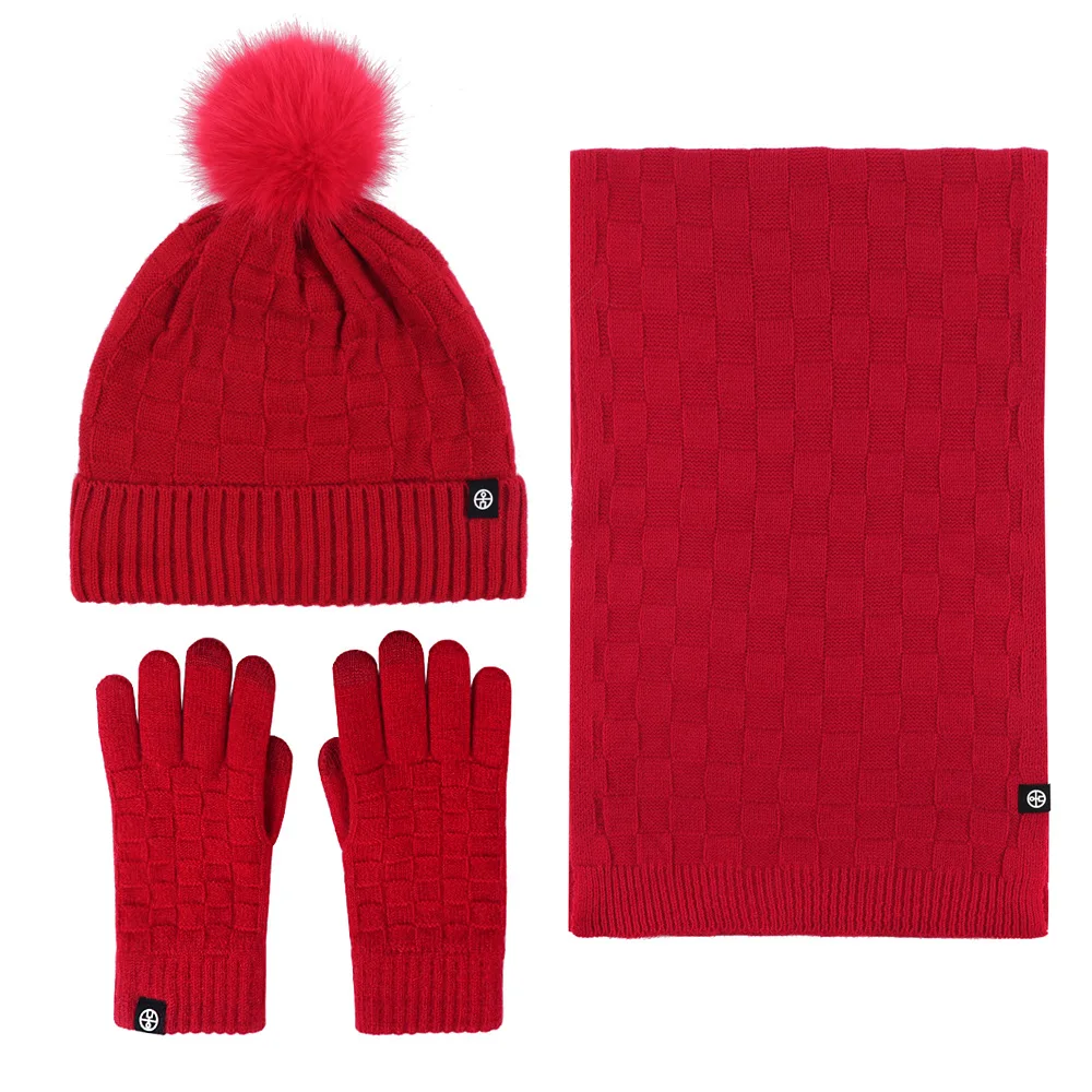 Conjunto de guantes de invierno para mujer, gorro cálido con pompón, bufanda larga, calentador de cuello, guantes de pantalla táctil, 3 en 1