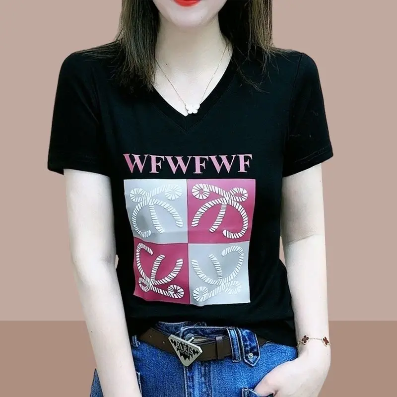 

Fashion V-Neck Spliced Printed Letter Blouses Women's Clothing 2025 Summer New Loose Short Sleeve Korean Tops Casual Shirts