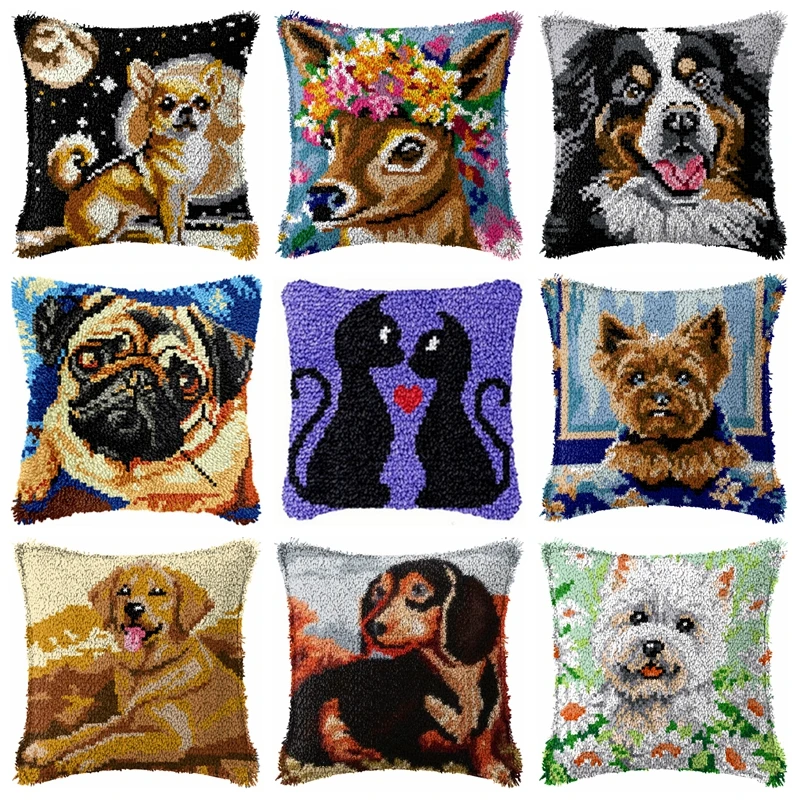 

Animal Latch Hook Pillow Kit Cat Dog Smyrna Buttons Package Embroidery Set Handmade Decor Handcrafts Plastic Mesh