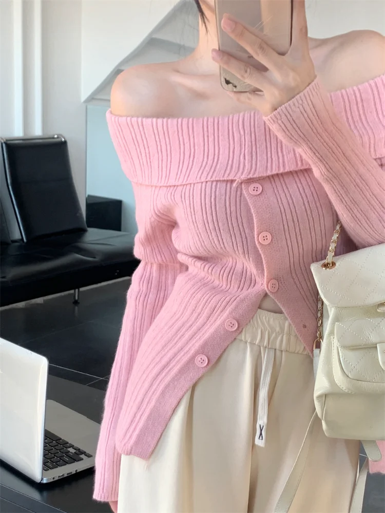 

Одежда Korobov Y2k для женщин, пикантные розовые вязаные топы с воротником-лодочкой, облегающий дикий свитер, однотонные осенние модные свитера в Корейском стиле