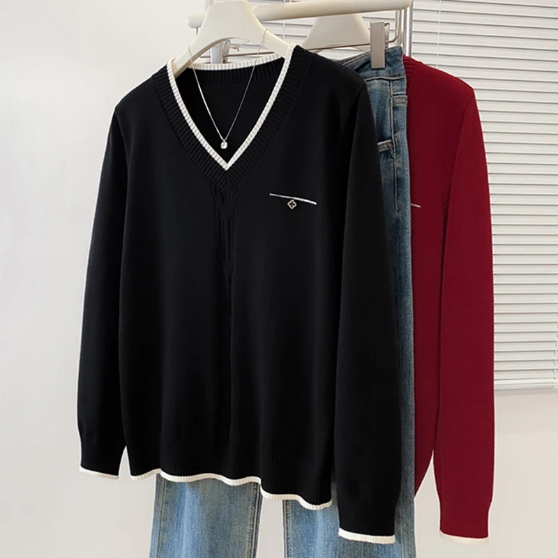 Camisola de malha de grandes dimensões pulôver feminino 2026 primavera manga longa com decote em v malhas topos elegante vintage chique senhoras jumpers