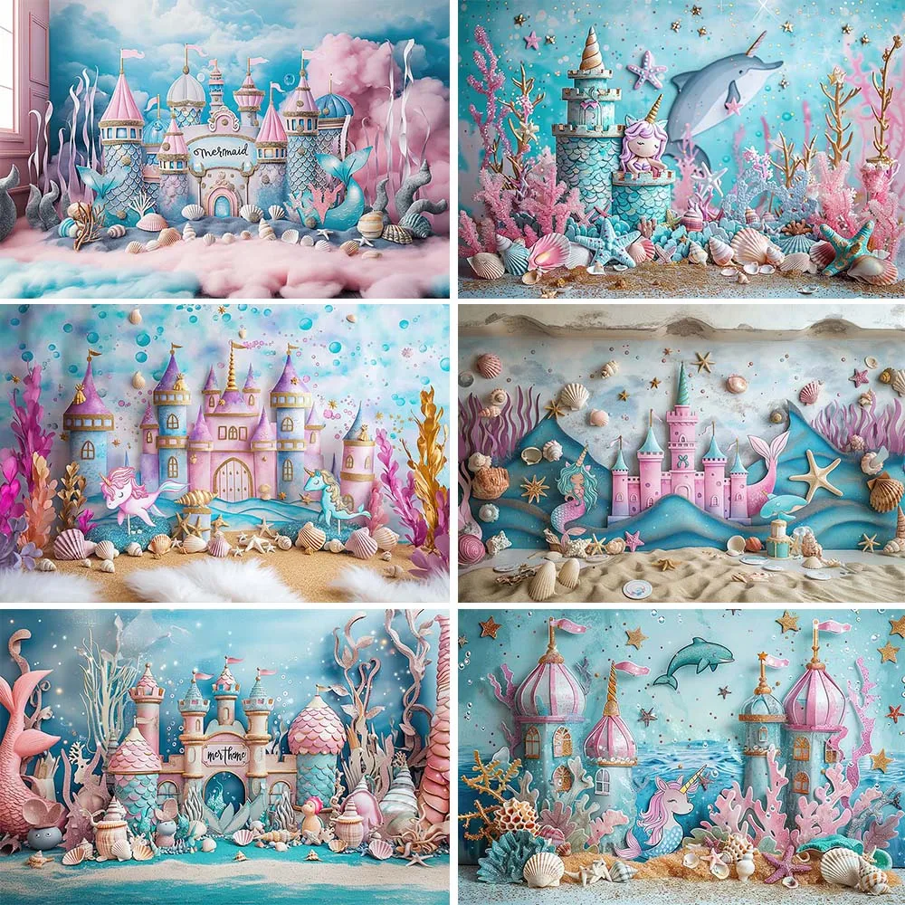 Mocsicka The Castle Under The Sea Girl Portrait Photography Backdrops Mermaid Child Birthday Party Background Photo Studio Props