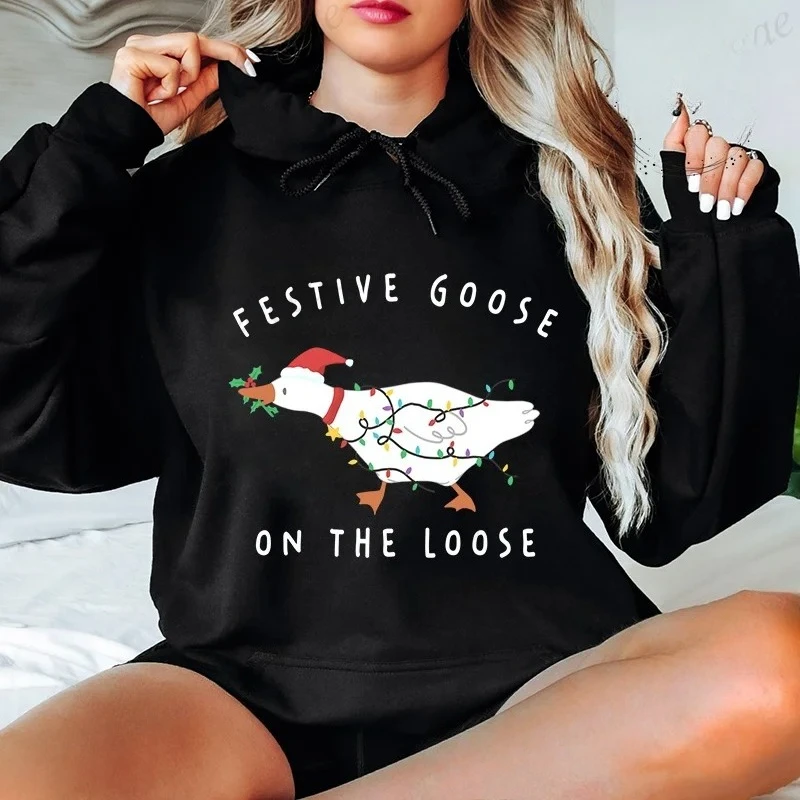 Merry Christmas Cute Print Black Hoodies for Women Casual Long Sleeve Round Neck Sweatshirts Ladies Christmas Clothing