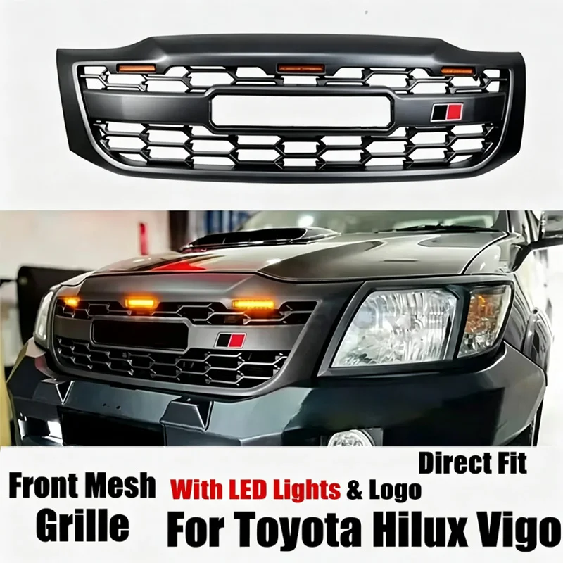 Pickup 4X4 Exterior Accessories LED Front Mesh Grille Racing Grills With Logo For Toyota Hilux Vigo 2005-2014 Car Bumper Grilles