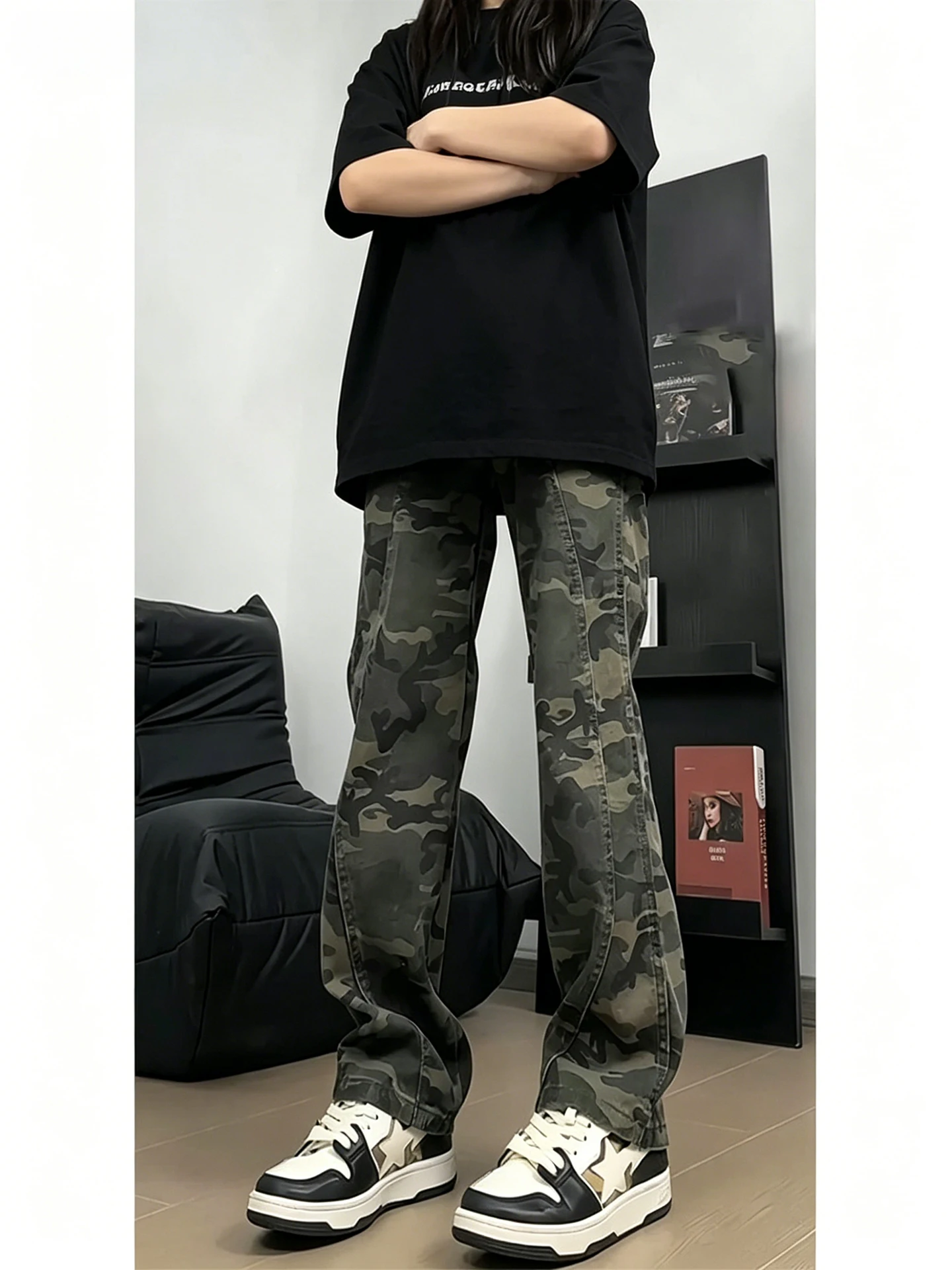 

American Vibe Camouflage Jeans Men's High Street Retro Logging Knife Straight Leg Workwear Denim Pants Spring Autumn