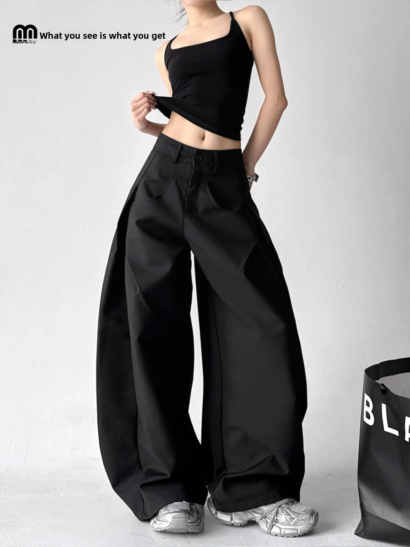 

Женские брюки с высокой талией и широкими штанинами, повседневные, летние, новые, в американском стиле, из полиэстера и хлопка, с эффектом похудения