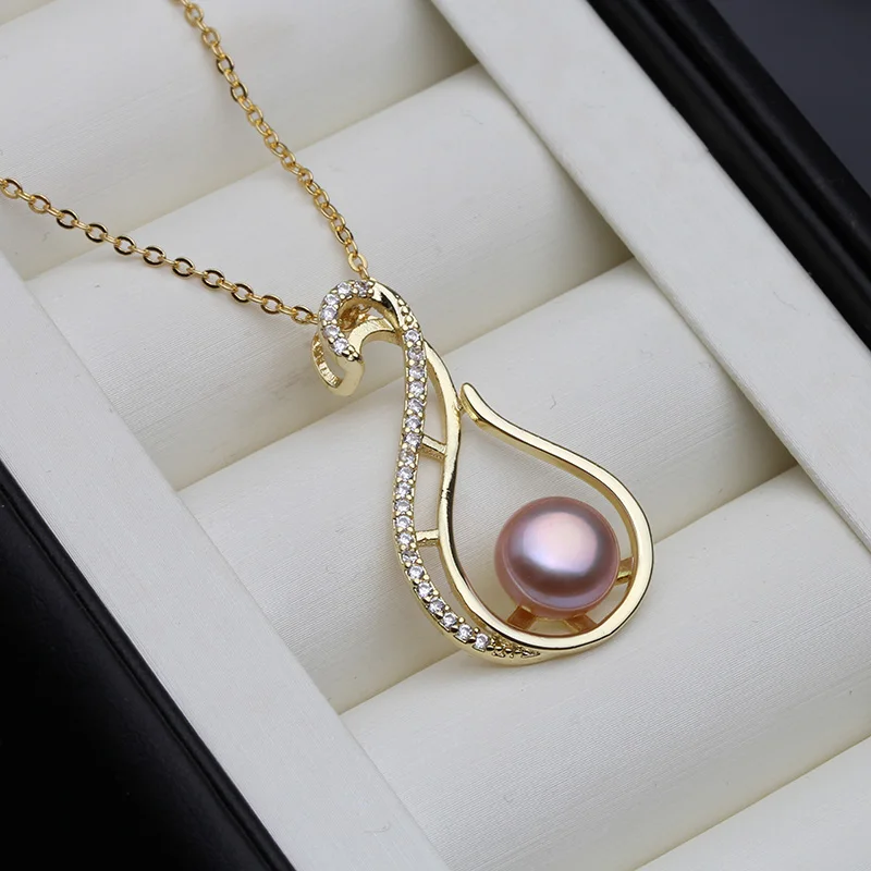 925 Sterling Silver Necklace Pendant Necklace,Gold Plated Natural Freshwater Pearl Pendant Chain Necklace Women