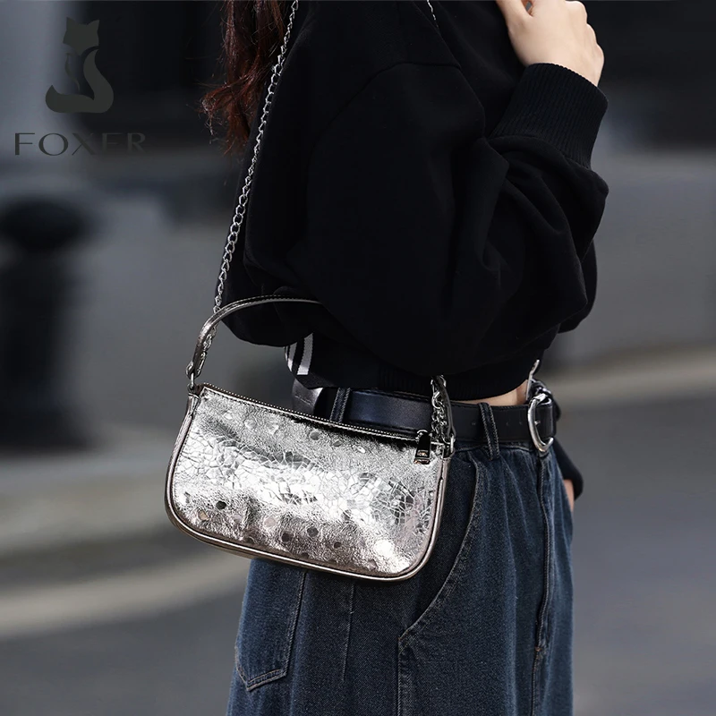 FOXER High Quality Small Silver Handbag Girl\'s Stylish Female Phone Bag Lady Casual Zipper Split Leather Shoulder Crossbody Bags