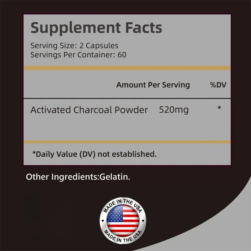 Activated Charcoal Capsules 520mg - Relieve Gas and Bloating, Promote Natural Detoxification, Bowel Cleansing