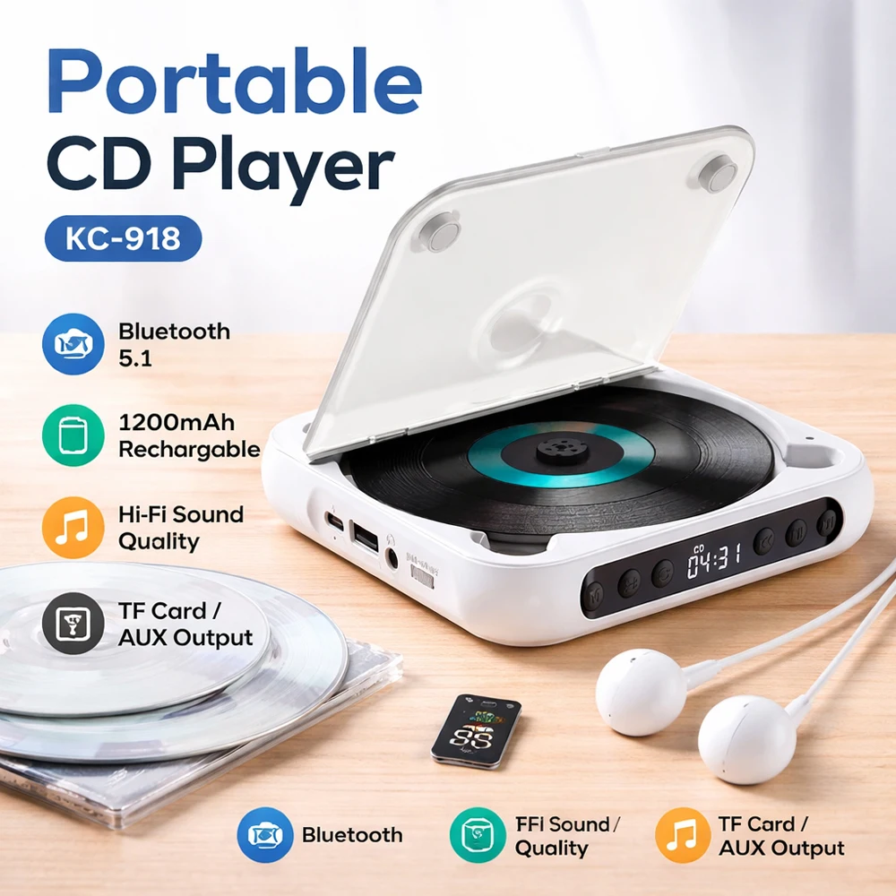 Reproductor de CD Portátil KC-918 con Bluetooth, Soporte para USB/TF/AUX, Batería Recargable de 2000 mAh, Pantalla LCD, Diseño Compacto