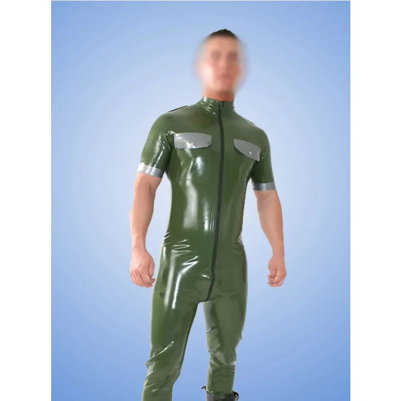 

Latex Rubber Gummi 0.4mm Short Sleeves Rubber Men Bodysuit Catsuit Suit Zentai with 2 Pockets