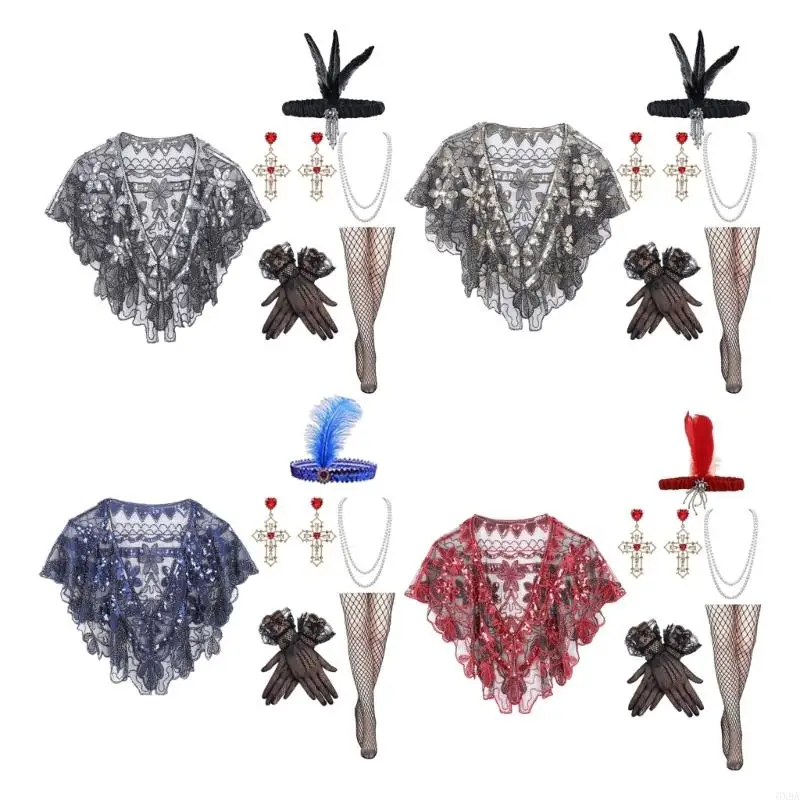 

6 in 1 Complete 1920s Flapper Accessory Set with Sequined Shawl and Jewelry Set 6XDA