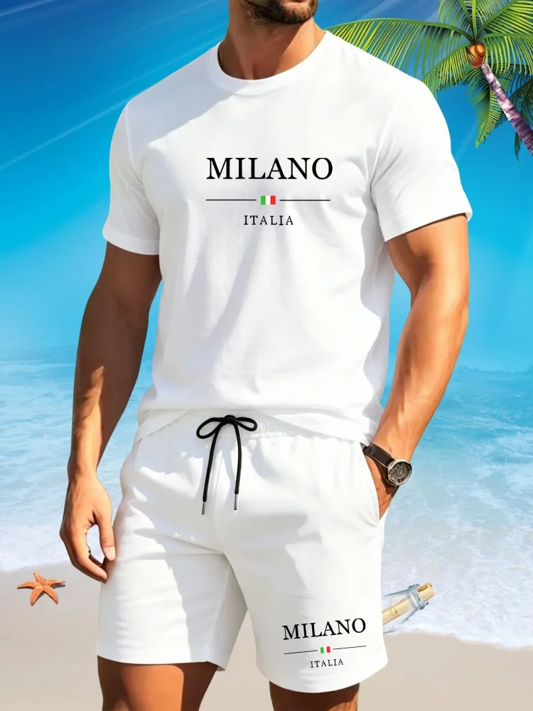 Conjunto de Camiseta de Manga Corta con Cuello Redondo, Holgada y Cómoda, con Estampado de Letras de Milán, Nueva Moda de Verano para Hombre