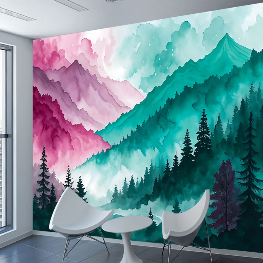 12+ Bergwasserfarben-Malerei Wald-Fototapete, Selbstklebend Optional, Abnehmbare Landschaftskunst-Dekoration für Wohnzimmer