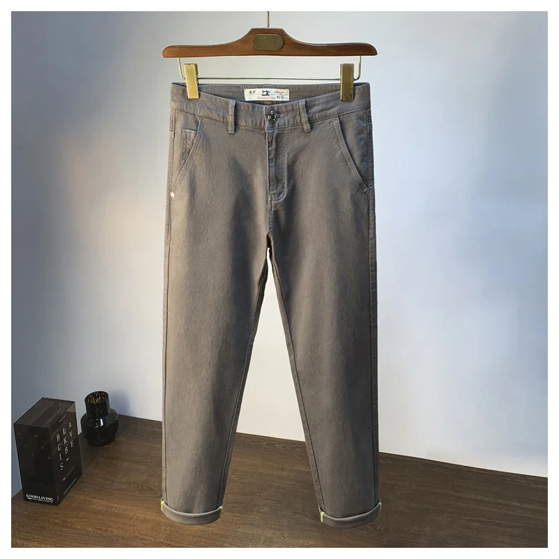 Grey washed casual pants for men, light luxury trend versatile, small straight leg elastic denim slim fit pants