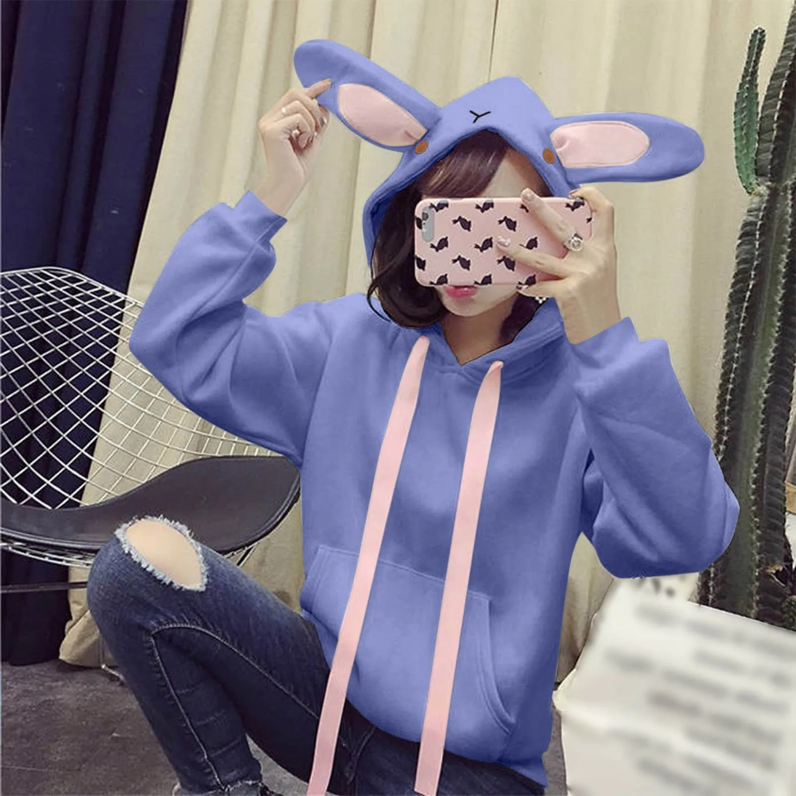 Women Rabbit Ears Sweatshirts Harajuku Bunny Hoodies With Ears Kawaii Clothes Girls Long Sleeve Oversized Tracksuit Jackets Tops