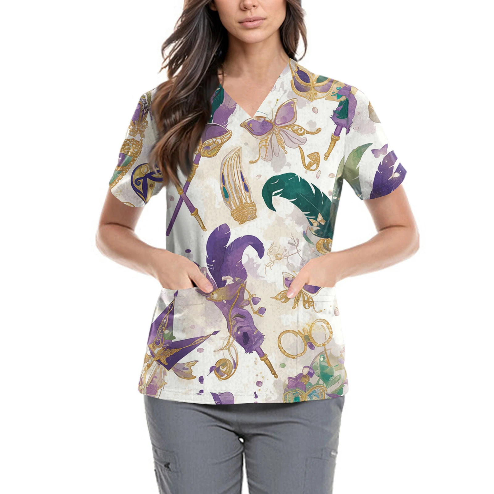 Uniformes de enfermera para mujer, jersey cómodo para el día a día, camisetas estampadas con cuello en V, bolsillos elegantes con ventilación lateral, Tops diarios