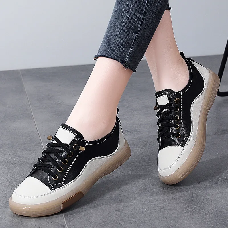 Genuine Leather Women Soft Sole Walking Shoes Girl Student Jooging Sneaker White Black Flats Female Casual Skate Trainers Summer image 2