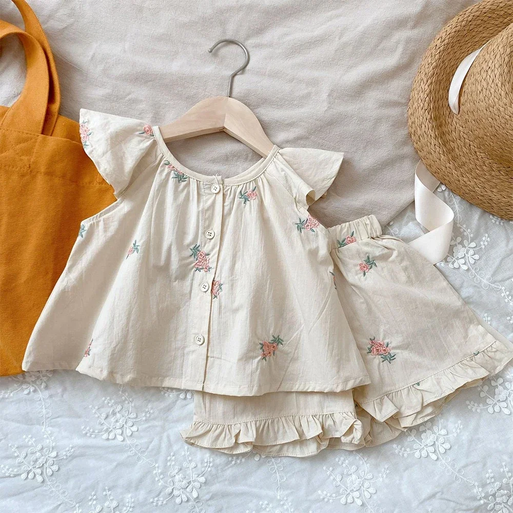 Sommermode-Set für Mädchen, Kinder-Blumendruck, fliegende Ärmel, Top + Shorts, zweiteiliges, süßes, erfrischendes Set für kleine Mädchen – Detail 14