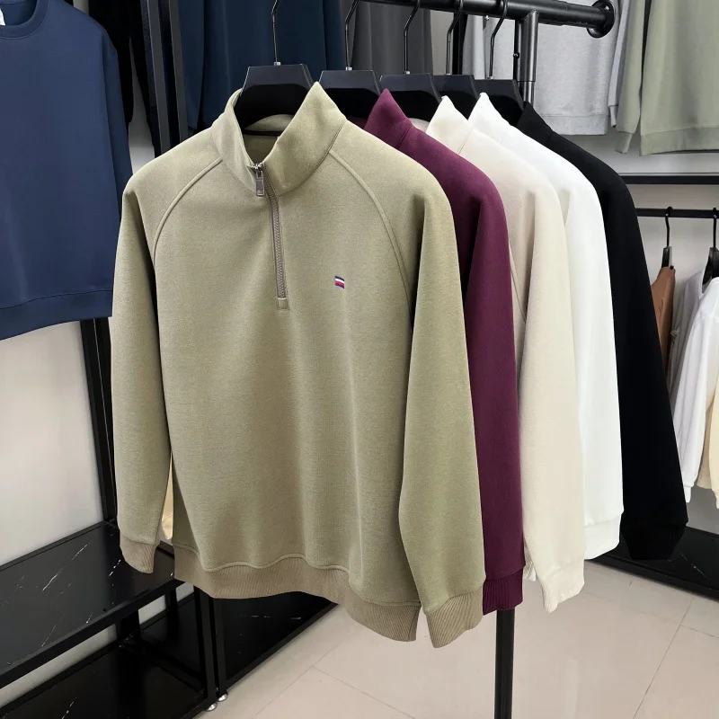Luxury Men Long-Sleeved T-Shirt High Neck Half-Zip Non-deforming Geometric Pattern Winter New Pullover Casual Fashion Men's Wear