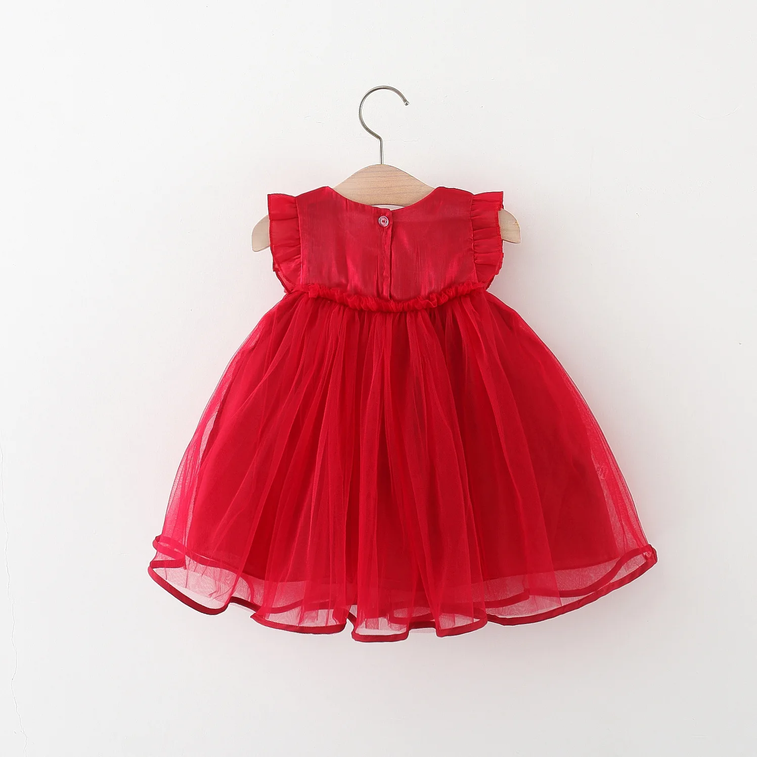 Girls Spring Dress New Korean Version Bow Small Flying Sleeves Baby Red Tank Top Skirt Sleeveless Spliced Mesh Princess Dress