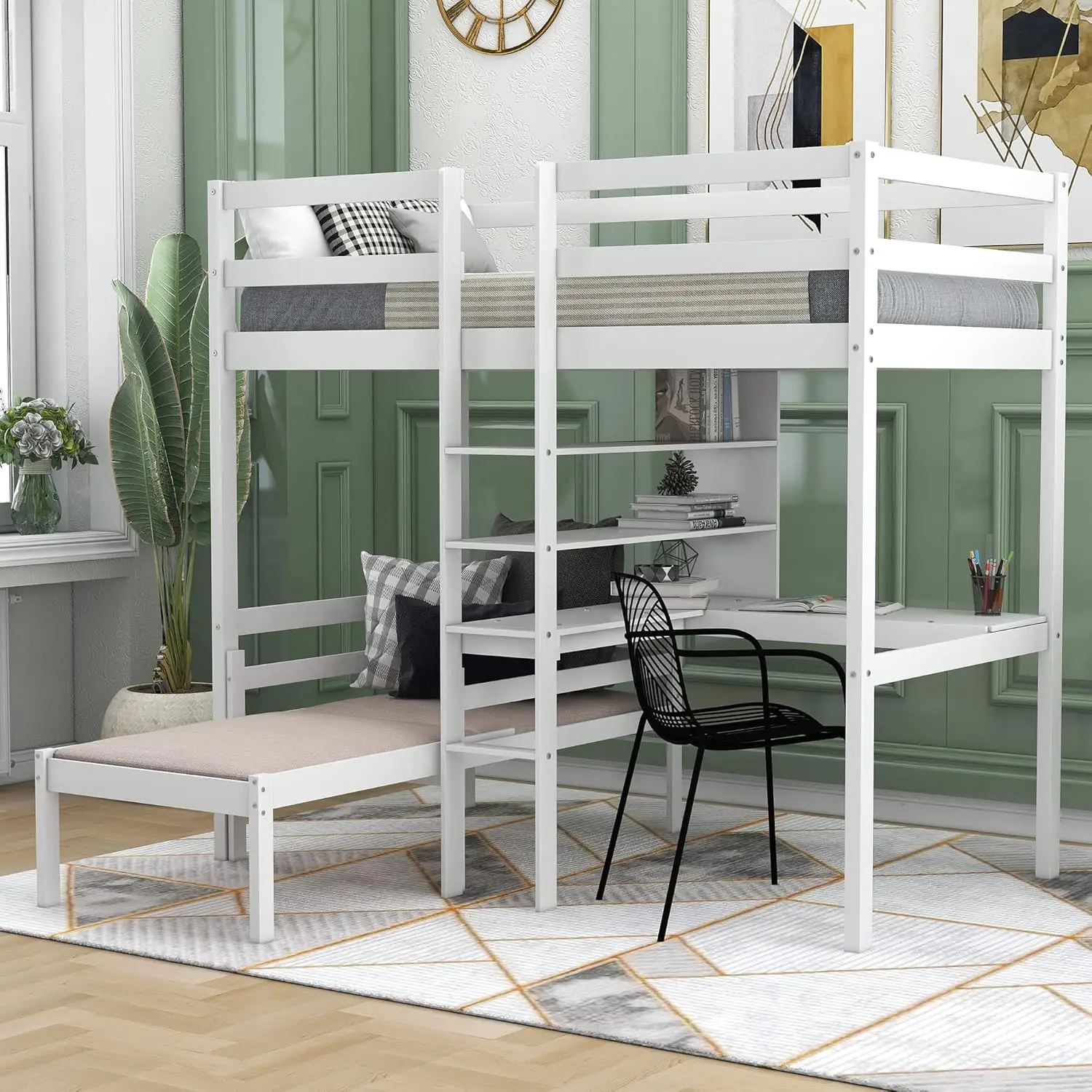 

Harper & Bright Designs Twin Loft Bed with L-Shaped Desk, Convertible Loft Bed Frame, Twin Bunk Bed with Shelves and Ladder