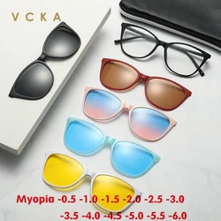 VCKA Cat Eye Women Myopia Sunglasses 6 In 1 Polarized Magnetic Clip On Glasses Optical Prescription Eyeglass Frames -0.5~-6.0