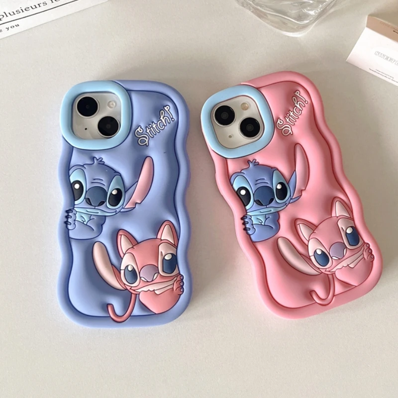 Cute 3D Cartoon Stitch Phone Case for iPhone 16 15 14 Plus 13 12 Pro Max 11 X XR XS 7 8 6 6s SE Wave Side Soft Silicone Cover