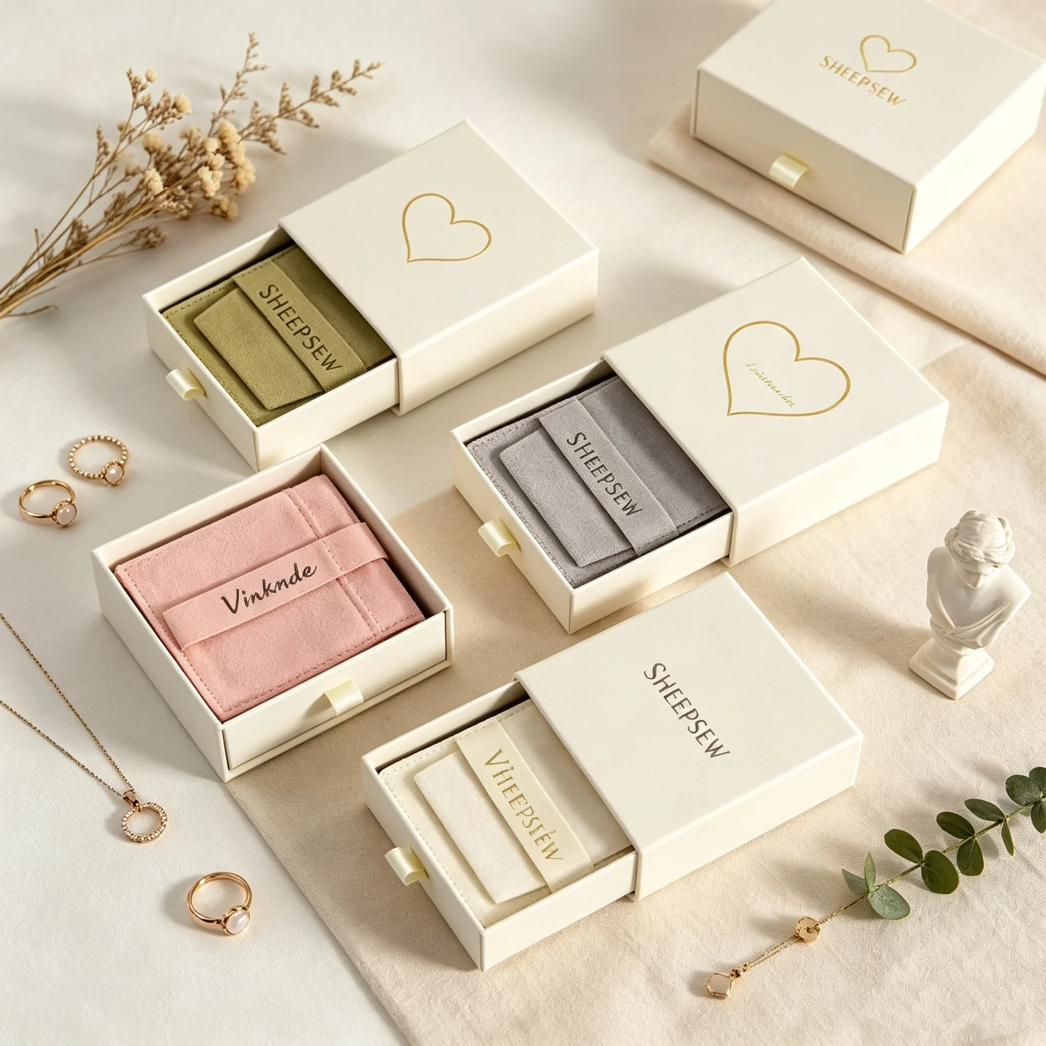 SHEEPSEW 24Pcs Beige Cardboard Drawer Jewelry Packaging Boxes Custom Logo With Microfiber Suede Pouches For Ring Earring Brooch