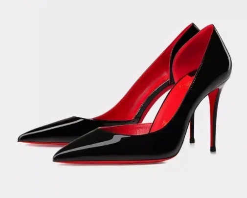 New red toe exposed seam, side empty shallow mouth, sexy professional black patent leather pointed heel high-heeled shoes 33-46