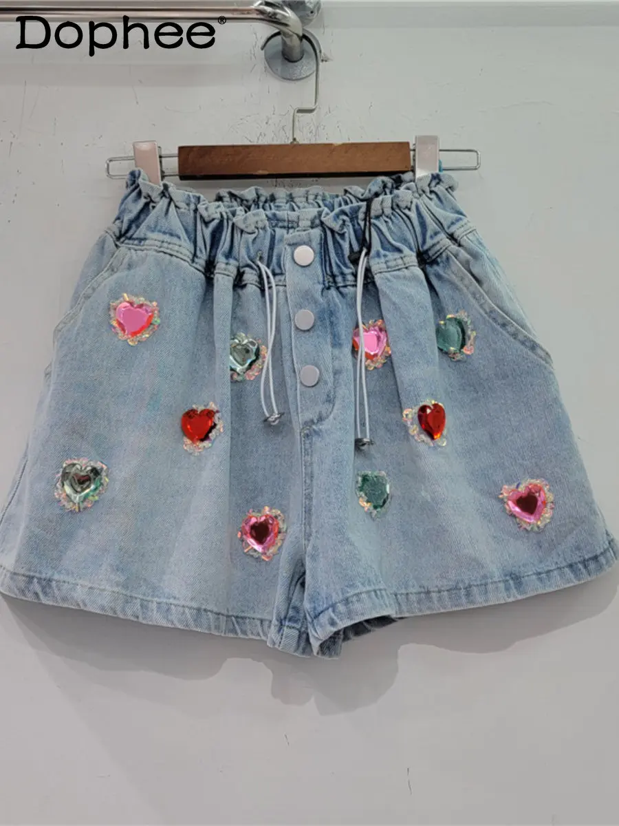 Streetwear Exquisite Rhinestone Beaded Color Heart High Waist Jeans Shorts Loose Slimming Denim Shorts Women Summer Short Pants