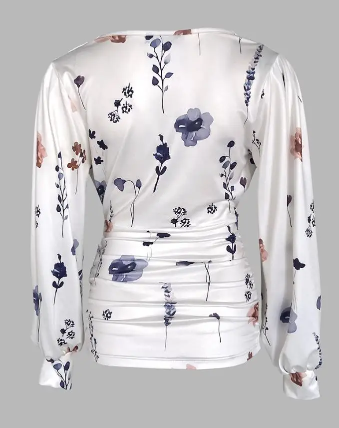 

Temperament Elegant Blouses Women Daily Clothing Floral Print Deep V-Neck Lantern Sleeve Tee Female Vacation Casual Ruched Top
