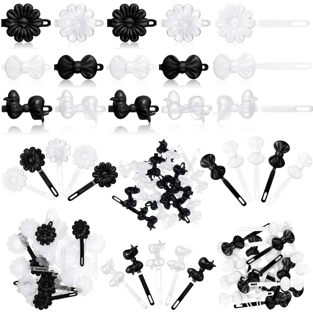 Janinka 72 piezas de pinzas para el cabello de plástico con bisagras automáticas: horquillas de dibujos animados de los años 80 y 90, clips lindos y coloridos para niñas pequeñas (blanco negro