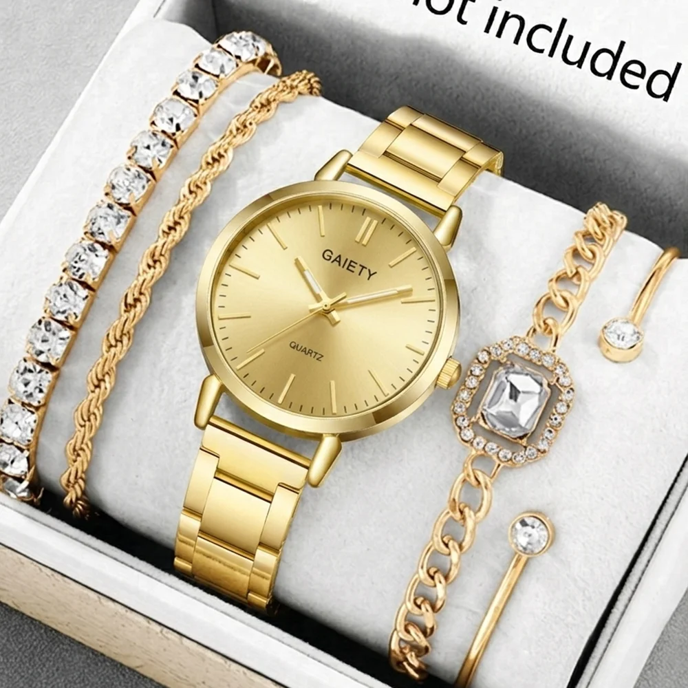 5Pcs/Set Unisex Jewelry Watches Women's Wristwatch Accessories Gold Trendy Fashionable Elegant Exquisite Light Luxury Rhinestone Luxury Bracelet Watch Set Y2K Suitable for Daily Outfits, Travel, Vacations, Parties, Perfect Holiday Gift