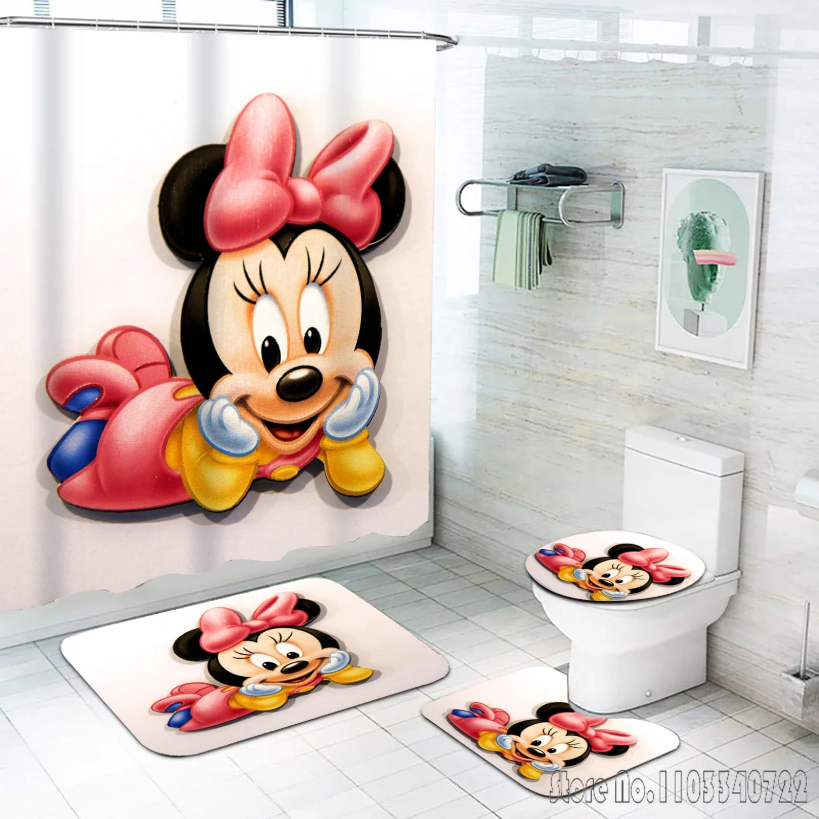 Mickey 4 Piece Bathroom Set Mats And Shower Curtain Accessories Curtains Luxury Decorations Waterproof Home Anime