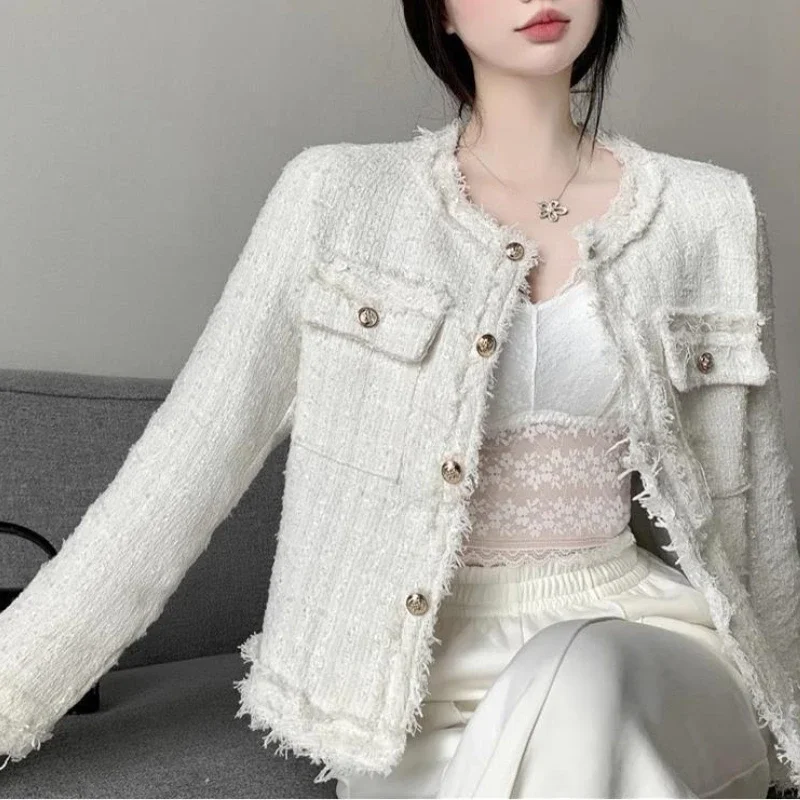 New Small Perfume Coat Women Tweed Style Short Jacket Simple Pockets French Design Sense of Thousand Gold Wind Blouse