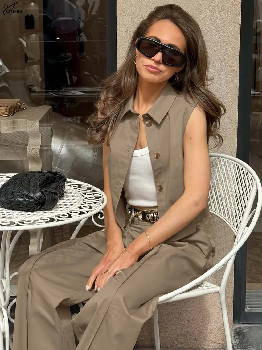 Oymimi أزياء المرأة القطن البني 2 قطعة مجموعة الزي الأنيق التلبيب أكمام واحدة الصدر القمصان ومجموعات السراويل المستقيمة #6