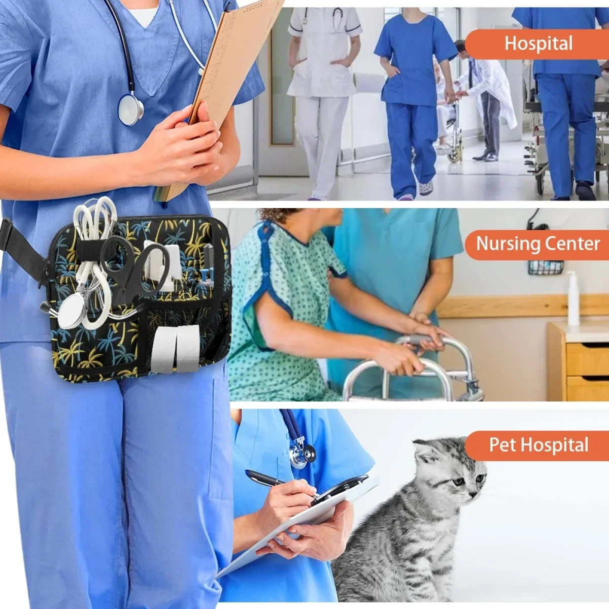 Borsa da cintura per infermiera con stampa palma tropicale personale medico marsupio Multi tasca universale forniture di emergenza borse per l'anca infermieristica