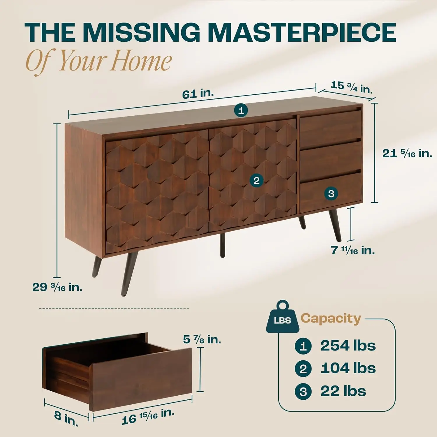 Sideboard aus Georgina-Massivholz, 2 Türen und 3 Schubladen, 61'' Mid-Century Modern-Schrank mit geometrischem Muster für die Küche