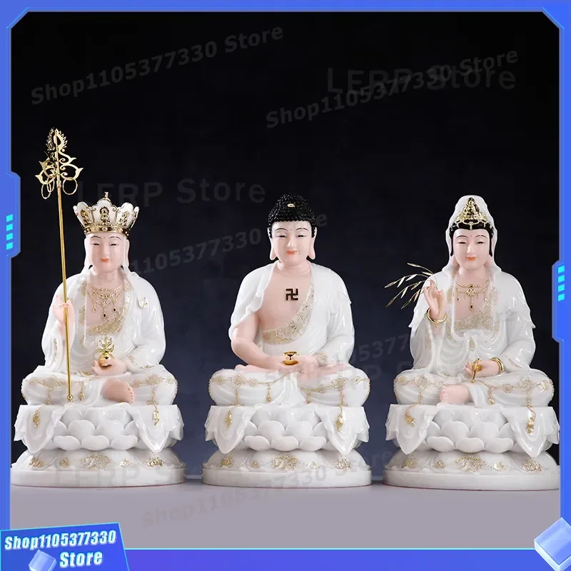 White Marble Stone Pink Jade Inlaid Gold Saha Sansheng Buddha Statue Home Decor Guanyin Jizang King Ornament Sakya Buddhist