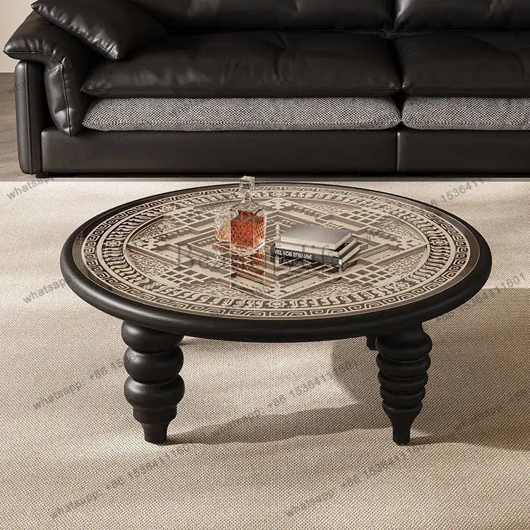 

French Medieval Style Solid Wood Glass Coffee Table Living Room Home Round Vintage Coffee Table