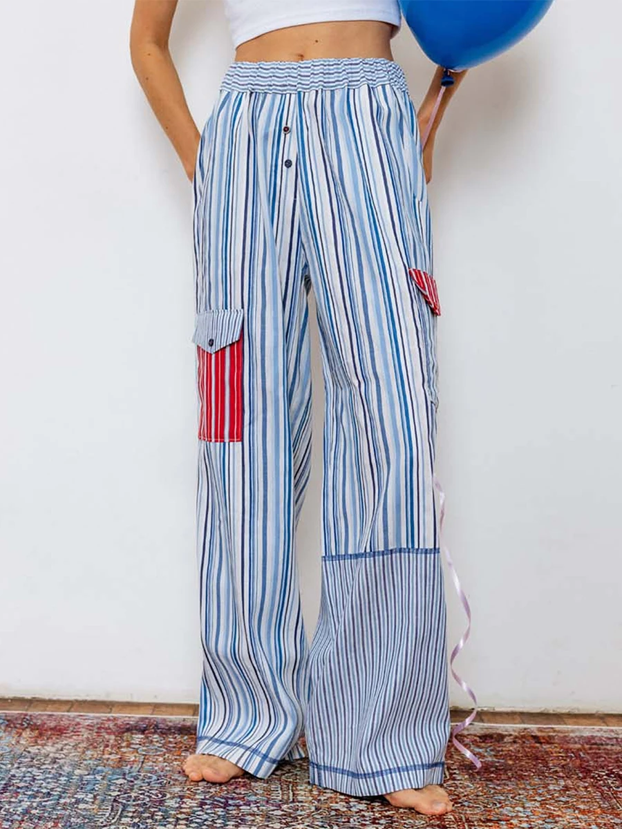 

Women s Y2k Striped Patchwork Pants Loose Fit Elastic Waist Straight Wide Leg Lounge Pants Vintage Going Out Pants