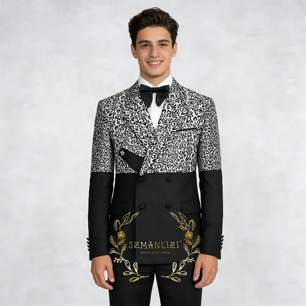 Luxury Leopard Black Double Breasted Men's Suits Slim Fit Peaked Lapel Groom Wedding Tuxedos Male Prom Blazers 2 Pieces Sets
