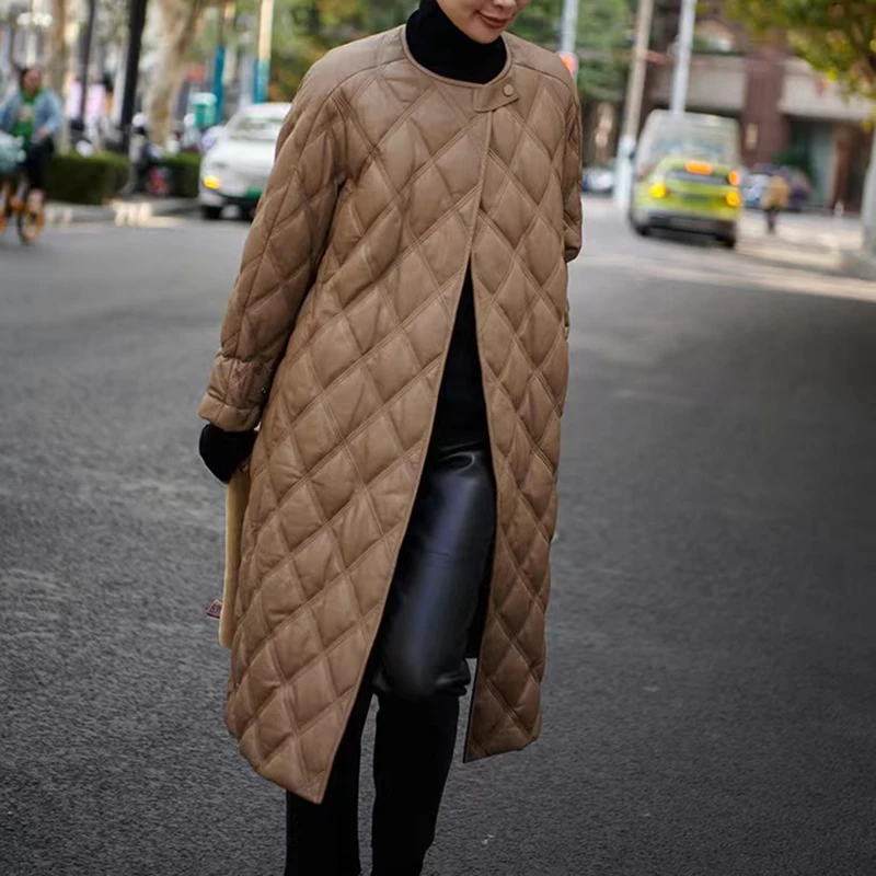 Women\'s Long Down Jacket Winter High Quality Genuine Sheepskin Profile O-Neck Rhombic Lattice Warm Goose Down Leather Coat